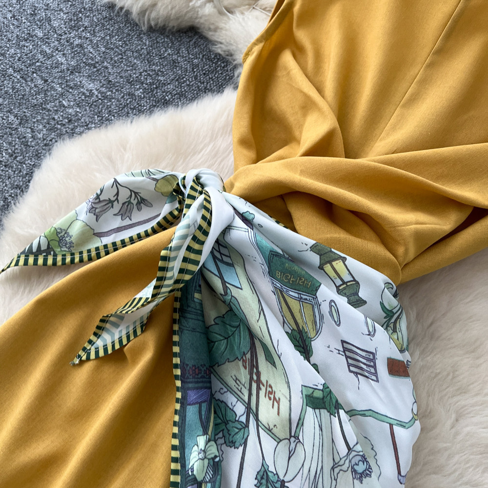 Elegant Sleeveless Round Neck Dress Style Summer Asymmetrical Long Dress With Scarf And Slit Sophisticated Tie Waist For Commuting_ecoleips.com