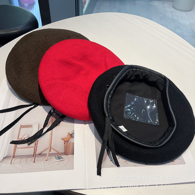 Boina de lana negra de moda, sombrero de invierno de otoño para mujeres, pequeño sombrero de belleza, sombrero de artista DIY para hombres.