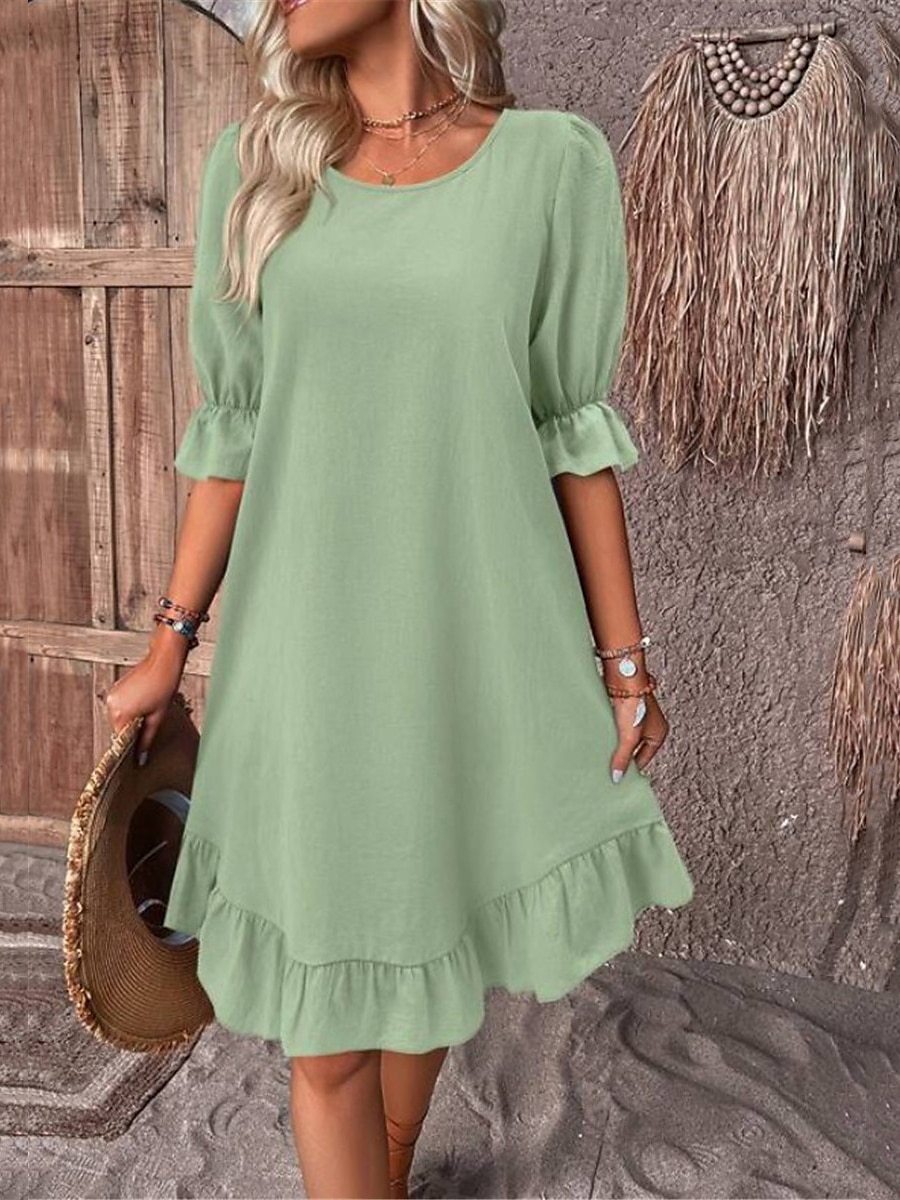 Loose Fit Type Solid Color Pattern Summer Season Wholesale Women's Simple Style Ruffles Solid Color Daily Round Neck Half Sleeve Regular Dress
