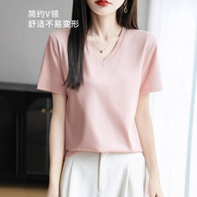 女款短袖夏季V领棉T正肩内搭T恤女士宽松休闲半袖高级感显瘦T恤衫