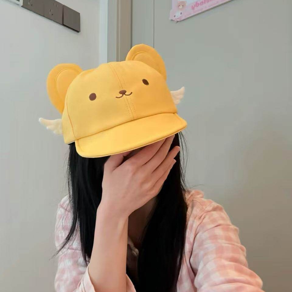여성 곰돌이 자수 날개 리본 볼캡 노란색 귀여운 나들이 모자
