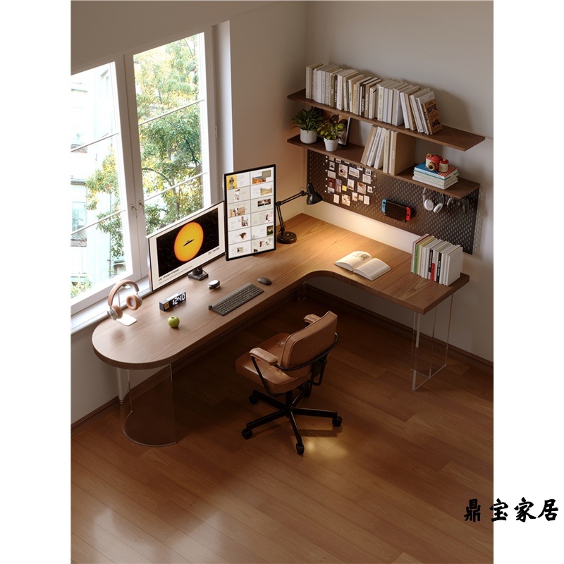Solid wood corner table bedroom L-shaped corner desk bookshelf hole…