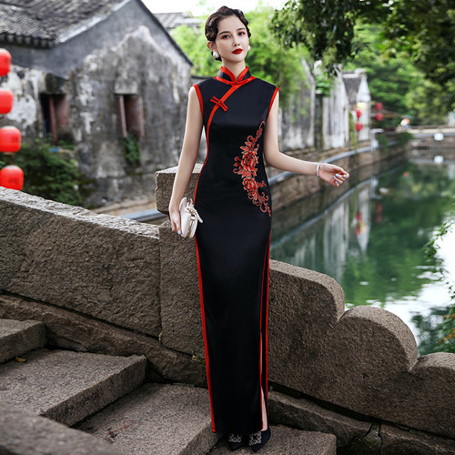 Women Chinese Dresses retro china traditional dark green red black Qipao Cheongsam dresses Catwalk model host singers performance costume party dresses