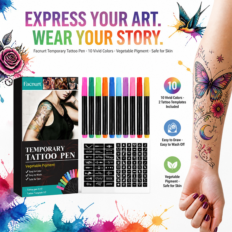 FACNURT Temporary Tattoo Pen Set - Hand-drawn tattoo pens, waterproof and not easy to smudge, body painting pens FACNURT Temporary Tattoo Pen Set - Hand-drawn tattoo pens, waterproof and not easy to smudge, body painting pens