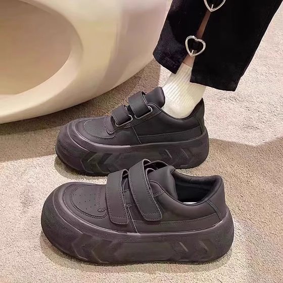 Velcro Large Head Platform Bread Shoes Women's 2024 Spring and Autumn New Academy Style Sports Casual Height Increasing White Shoes