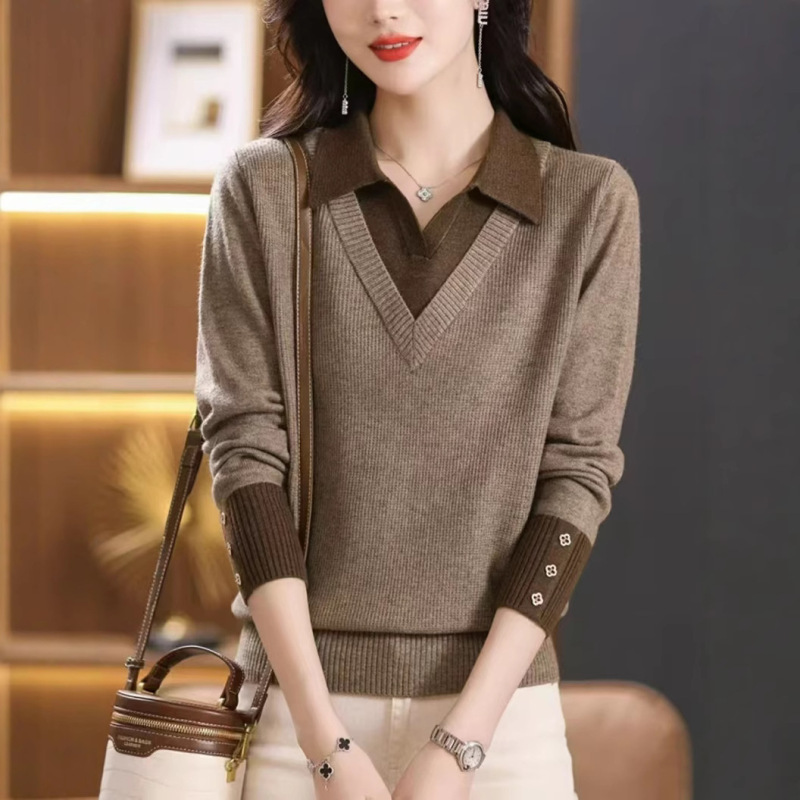 Fake Two-piece Top Women's 2025 Early Autumn New Arrival Sweater Fashionable Stylish Short Lel-neck Sweater Base Shirt Spring Autumn