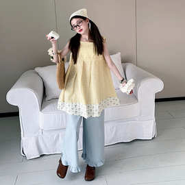 女童套装2026夏新款韩版无袖背心儿童格子花边吊带上衣长裤两件套