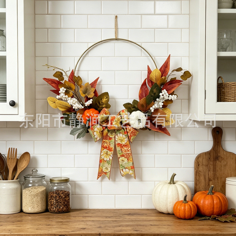 Halloween Metal Wall Hanging Wreath Iron Ring Artificial Pumpkin Maple Leaf Autumn Thanksgiving Door Wall Decoration Wedding Home Decor