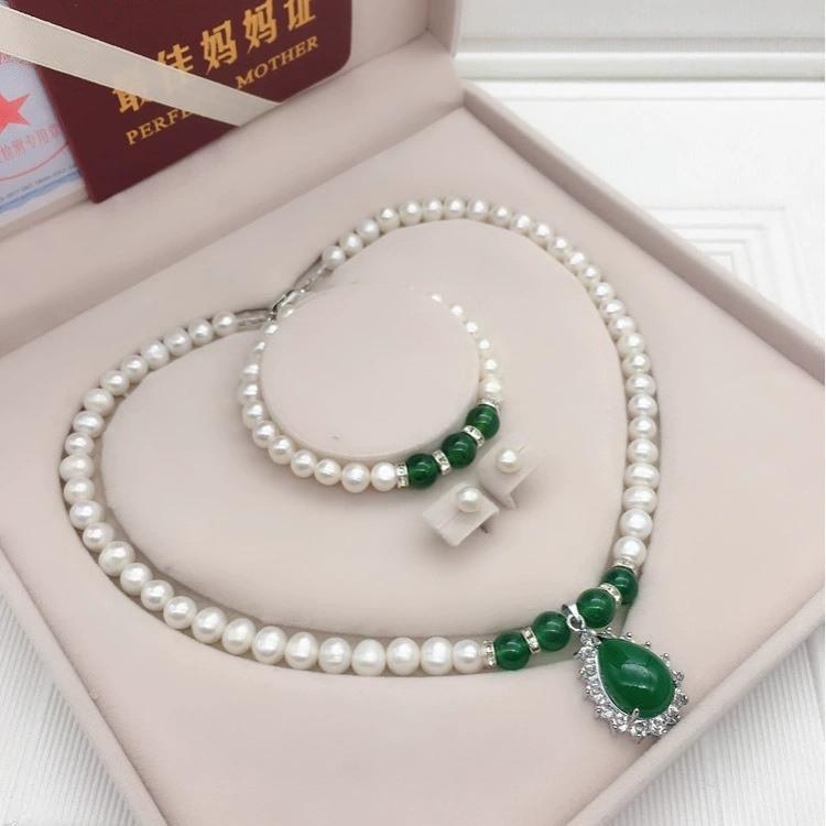 天然淡水珍珠项链女绿玉髓吊坠套装母亲节礼物送妈妈婆婆优雅珍珠