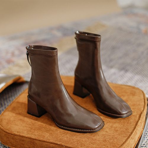 Brown thick heel French short boots for women  slimming new square toe off-white ankle and bare boots with medium and high heels