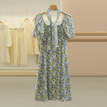 一手货源【佳人苑】品牌专柜撤柜！丝带碎花泡泡袖收腰连衣裙25夏