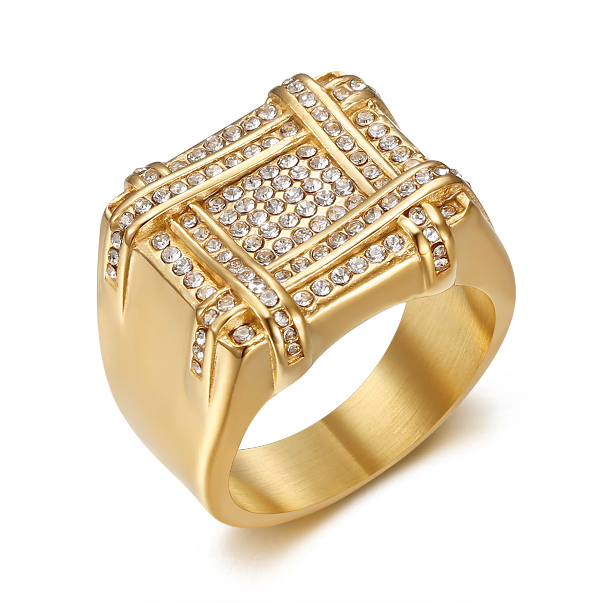 Hip-Hop Square Titanium Steel Plating Inlay Rhinestones 18K Gold Plated Men's Rings display picture 5