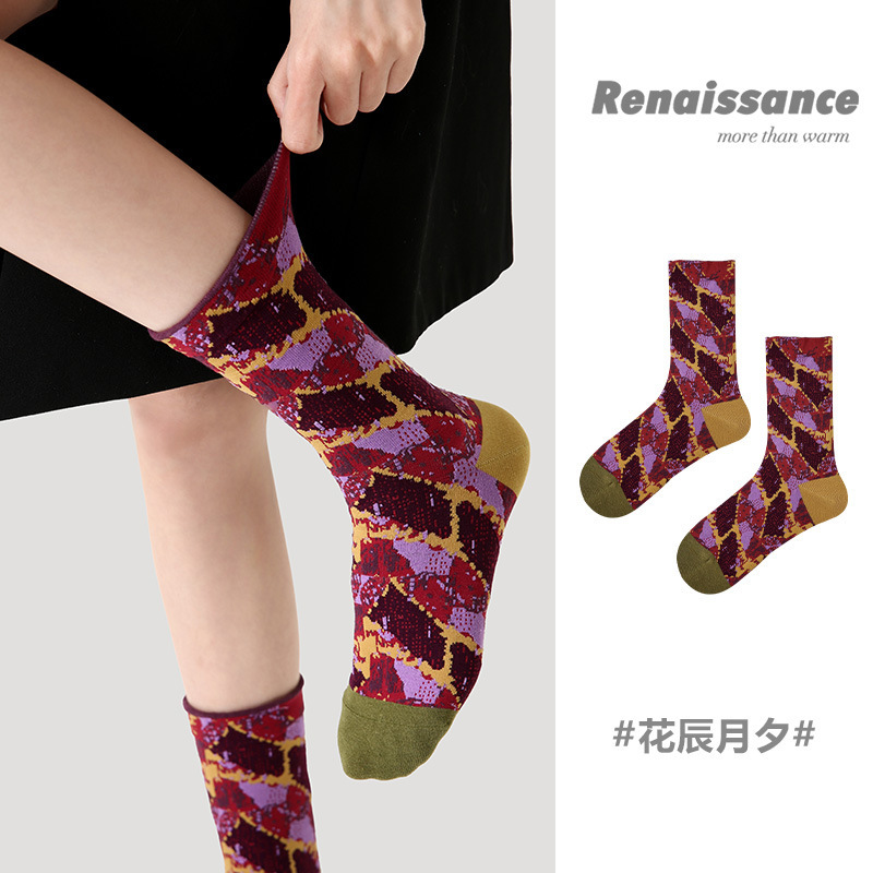Renaissance Dark Pattern Camouflage Jacquard Mid-tube Socks Sports All-match Spring and Autumn Combed Cotton Japanese Thin Breathable