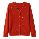 秋冬新款时尚V领绣花羊毛针织衫开衫100%绵羊毛春秋妈妈毛衣女，女装针织衫/毛衣，妃慕昵服饰