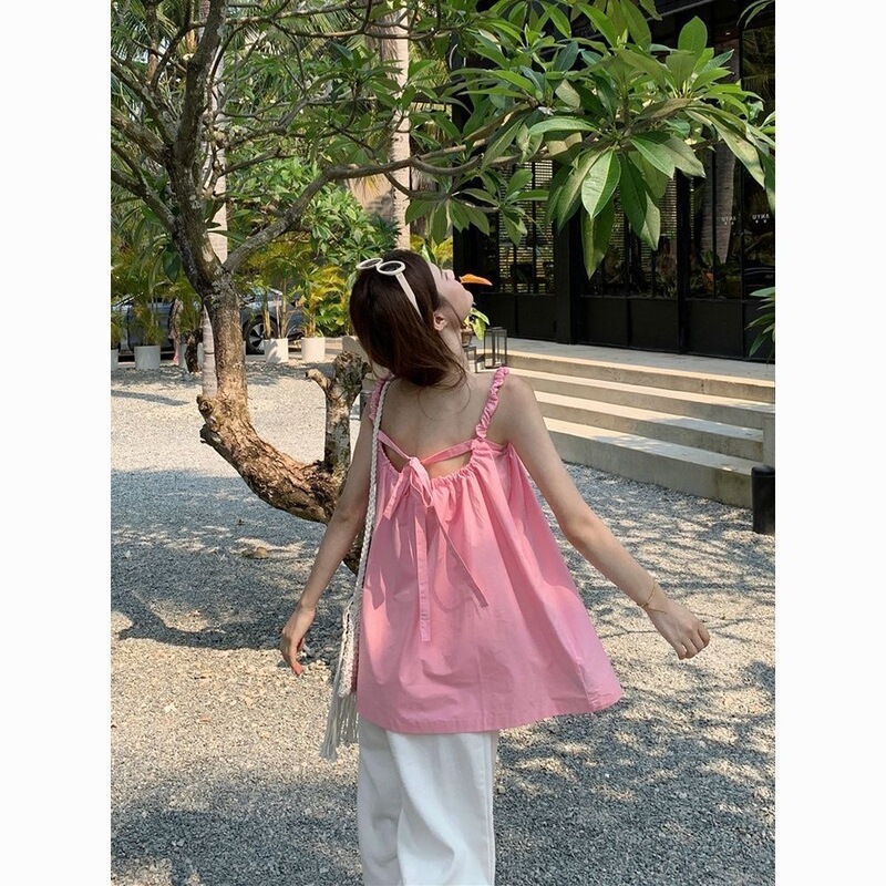 Backless Tie-Up Camisole Shirt, Summer 2026 New Korean Design, Loose Black Sleeveless Top for Outerwear