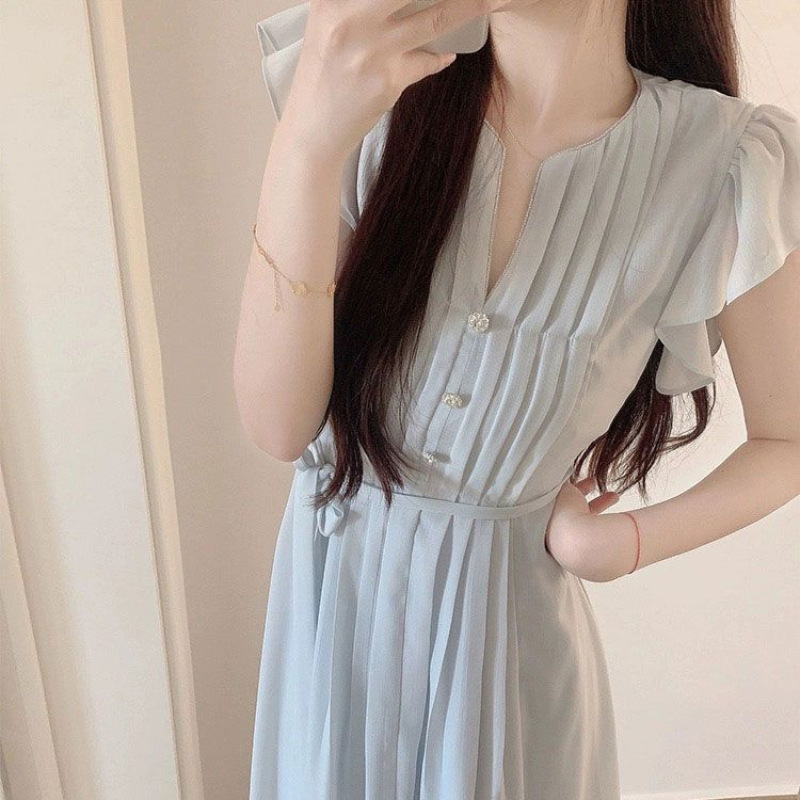 Đầm suông nữ tay bồng nhỏ ôm dáng mùa hè — màu xanh nhạt chi tiết 2