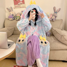 新品韩版2025冬季新款女绒加厚袍套连帽开衫可爱卡通甜美家居服