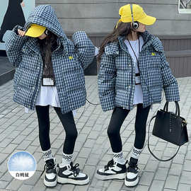 女童韩版格子羽绒服2025冬季新款儿童连帽白鸭绒加厚中大童厚外套