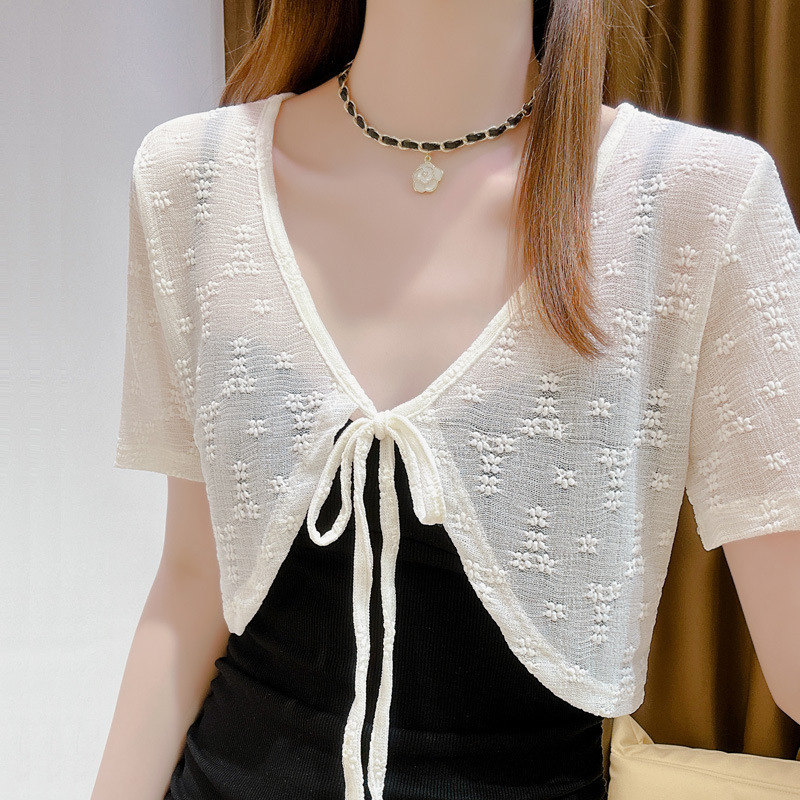 Lace Short-Sleeved Shawl for Summer with Suspender Skirt, Thin Outer Cardigan, Sun Protection Waistcoat Top for Women