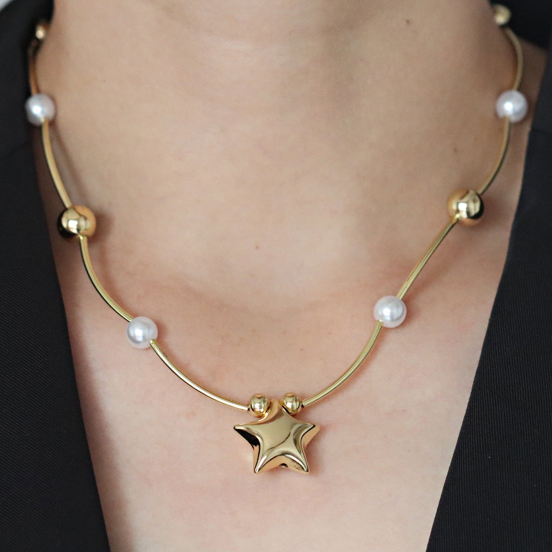 16g Weight Copper Beaded Pearl Inlay Star Heart Shape Bow Knot Zircon Pendant Necklace