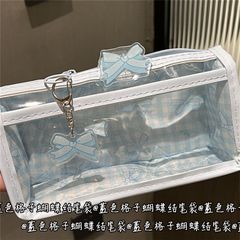 蓝色格子双层透明笔袋ins风高颜值透明便携式大容量文具收纳笔袋