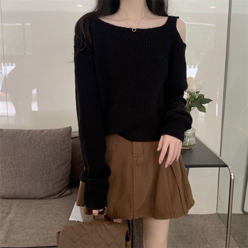 设计感露肩早秋上衣女甜辣别致高级感短款长袖打底衫秋季针织毛衣|undefined