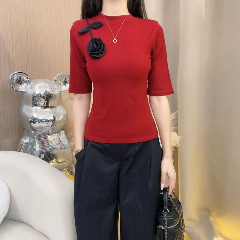 2025早秋法式领口花朵装饰常规款圆领中袖时尚显瘦休闲纯色女9088|undefined