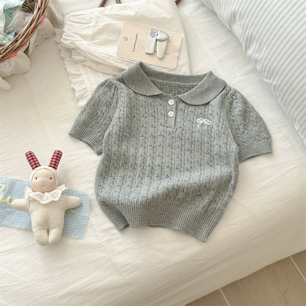Летняя одежда с бантом, knitted свитер, корейский стиль, детская одежда, с коротким рукавом, западный стиль