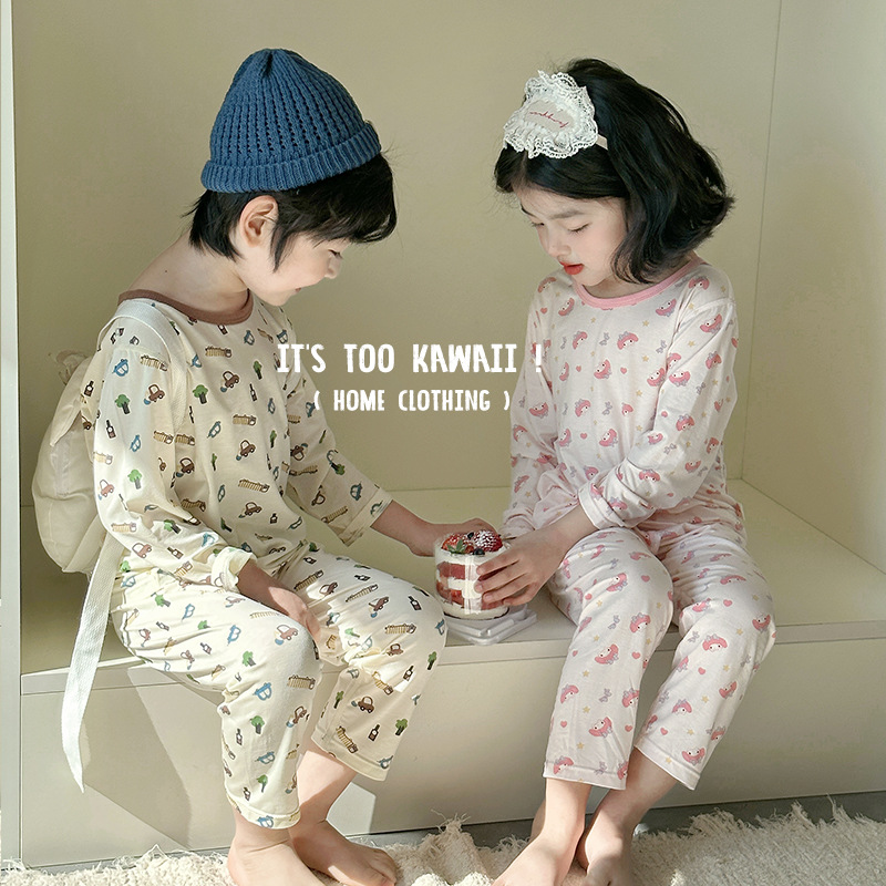 2025 spring and summer home clothes new style for boys and girls cartoon printed flowers round neck long sleeve baby pajamas two-piece set