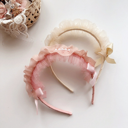 New Princess Style Lolita Style Sweet Pleated Mesh Pearl Children's Hairband Head Buckle Hairpin Hair Accessories