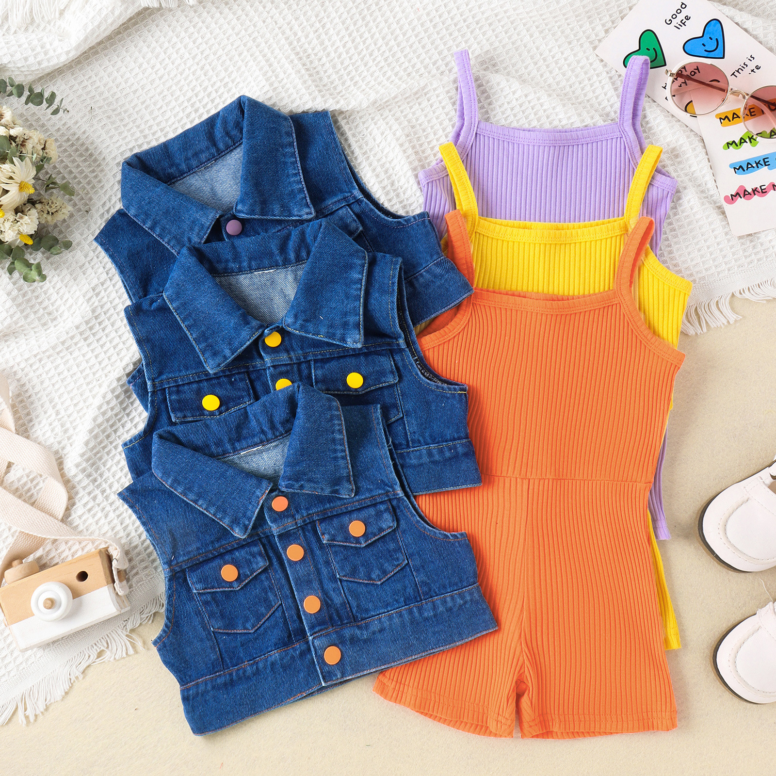 208g Weight Kids Clothing Sets Children's Clothing Type Sleeveless Sleeve Length Polyester Fabric Type Shorts Sets Sets Type 2 Pieces Set Quantity Daily Occasion Turndown Neckline Comfort Function Regular Fit Fit Type Solid Color Pattern Summer, Spring Season Girl'S Gender Casual Style Casual Solid Color Polyester Girls Clothing Sets 无