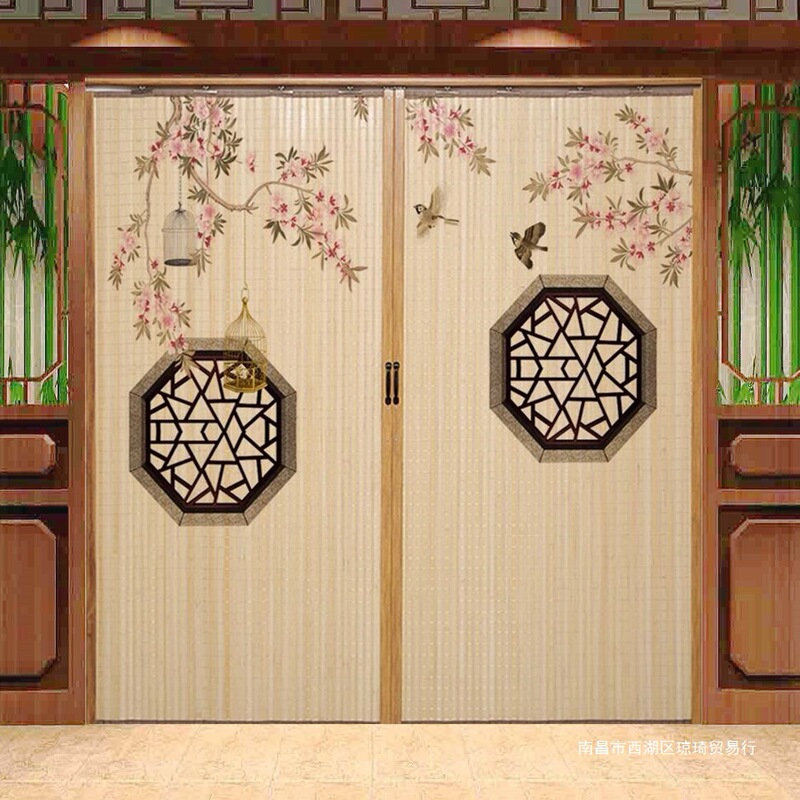 Chinese-Style Zen Retro Printed Bamboo Curtain Door Commercial Sliding Door Folding Door Partition Door Curtain for Shopping Malls and Restaurants