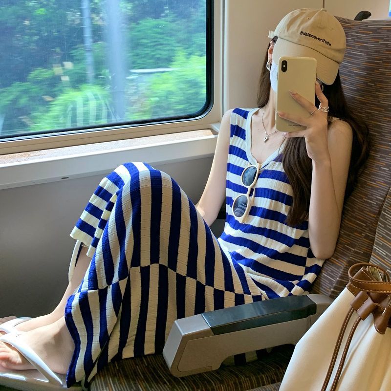 Striped Sleeveless Knit Long Dress for Women, Summer Style, Loose Fit, Slimming A-Line T-Shirt Dress