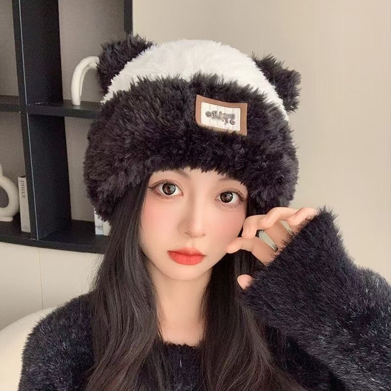 帽子女猫耳朵条纹毛线帽冬季帽子双毛球保暖帽皮标毛绒护耳针织帽|undefined