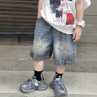 Boys' Denim Shorts Children's 2025 Summer Skin-Friendly Washed Knee-Length Shorts for Older Children, Comfortable and Stylish Straight Mid-Length Shorts