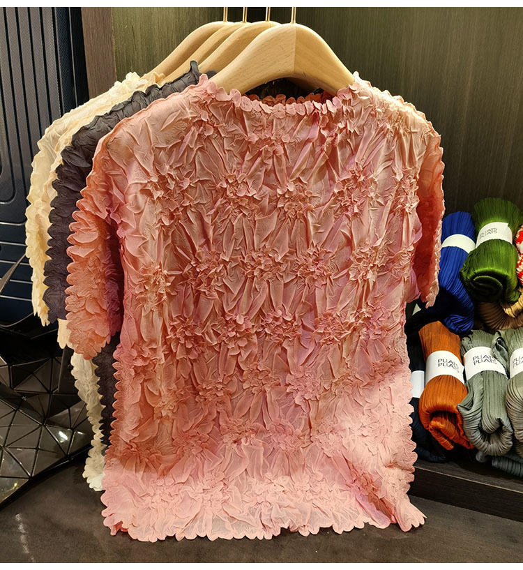 Áo thun nữ tay ngắn cổ tròn chất liệu cotton dập nổi hoa văn nổi cao cấp — Màu đen, Màu đào, Màu trắng, Màu xám chi tiết 27