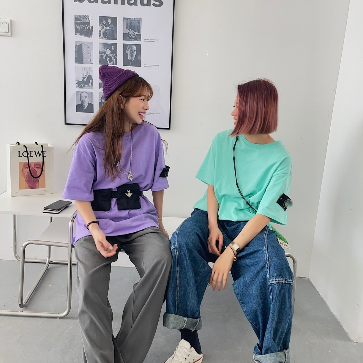 国境を越えた対外貿易潮牌石四通島半袖tシャツ上島標プリントゆるい丸襟カップルシャツ男