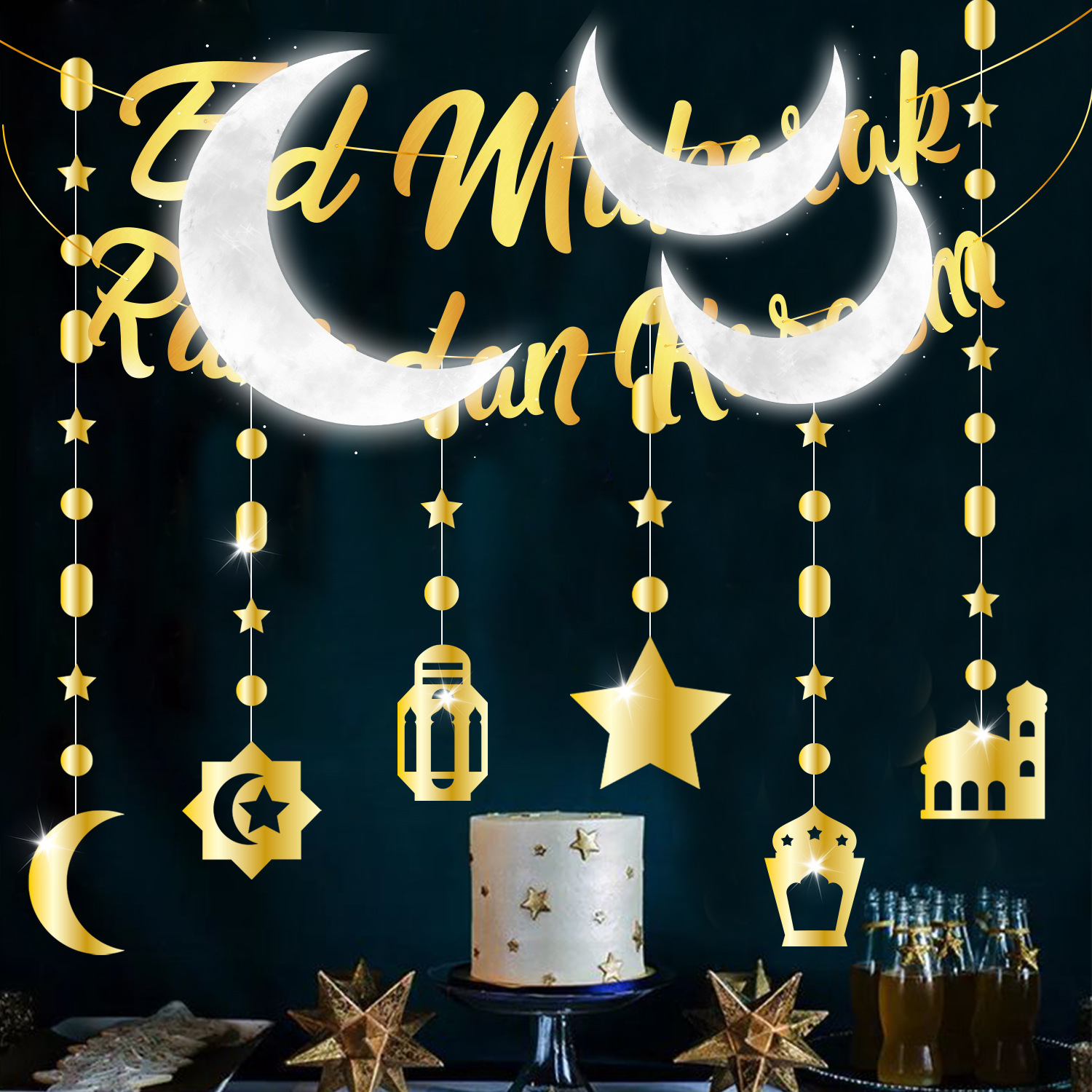 Cross-Border Aluminum Foil Middle East Festival Moon Festival Theme Party Indoor Car Stitching Star Moon Flag Decoration Supplies