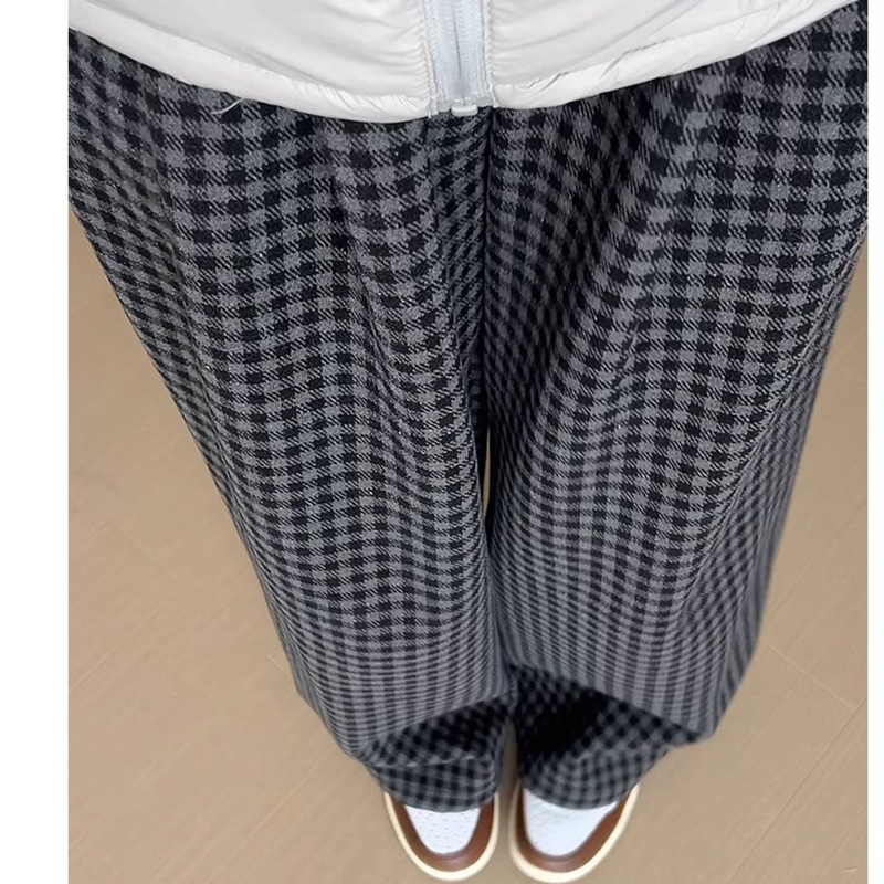 日系慵懒风棋盘格复古休闲裤女毛呢加绒秋冬季高腰阔腿裤外贸批发|undefined