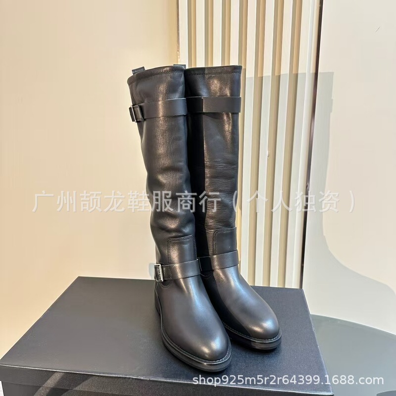 高端2025秋冬新款真皮圆头复古平跟皮带扣高筒骑士靴不过膝长靴女|undefined