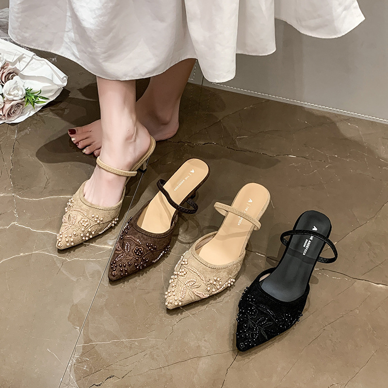 Sandalias de Tacón Alto de Malla Bordada de Tela y Caucho con Punta Fina para Fiestas y Verano image 3