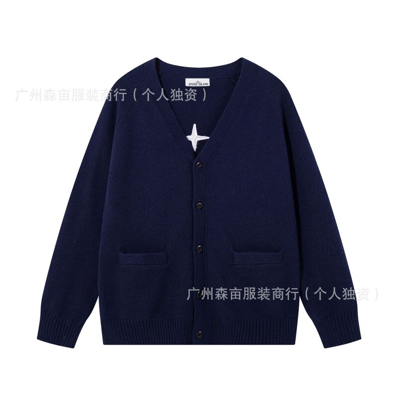 Cross-Border Stone Holiday Limited Edition Stone Series V-Neck Buttoned Double-Pocket Ribbed Hem Cotton Embroidered Knit Sweater