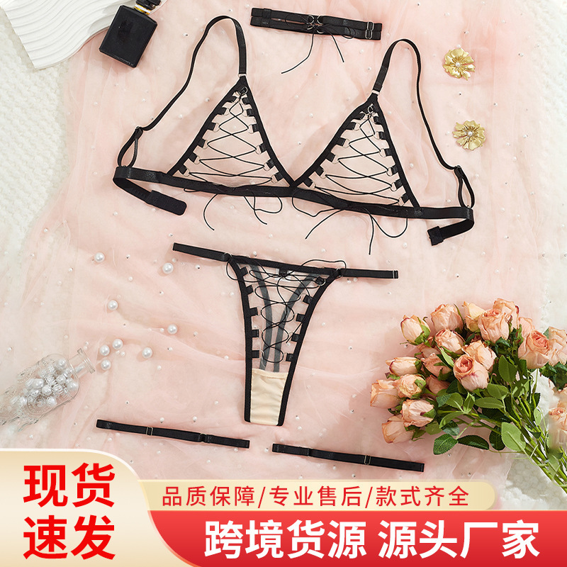 Small Bust Sexy Lingerie Cross-Border Amazon Transparent Mesh Exposed Breast Set Bra and Thong Set