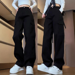 美式工装牛仔裤女新款黑色ins潮高腰显瘦百搭宽松直筒阔腿休闲裤