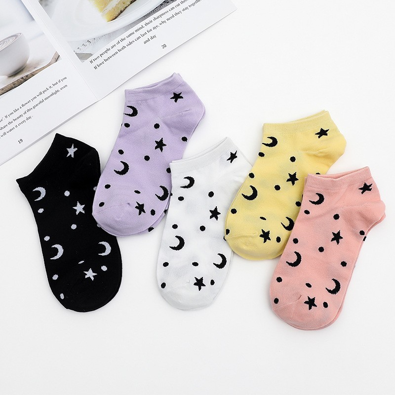 2024 New Spring and Summer New Thin Breathable Fashion Fashionable Women's Socks Socks Stars Moon Solid Color Boat Socks Women's Socks
