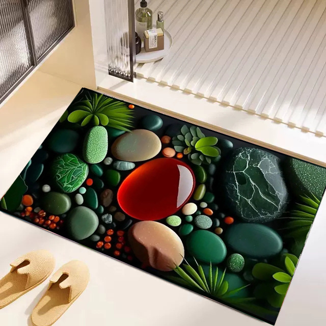 Tapis d'entrée de salle de bain léger, luxueux, en terre de diatomées imitation pavés 3D, résistant aux taches et absorbant l'eau, à séchage rapide._voghion.com