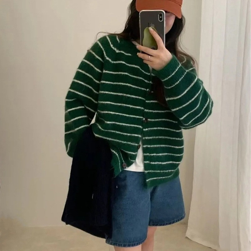 拼色条纹长袖毛衣开衫外套女2025新款秋冬季韩版圆领针织百搭上衣|undefined