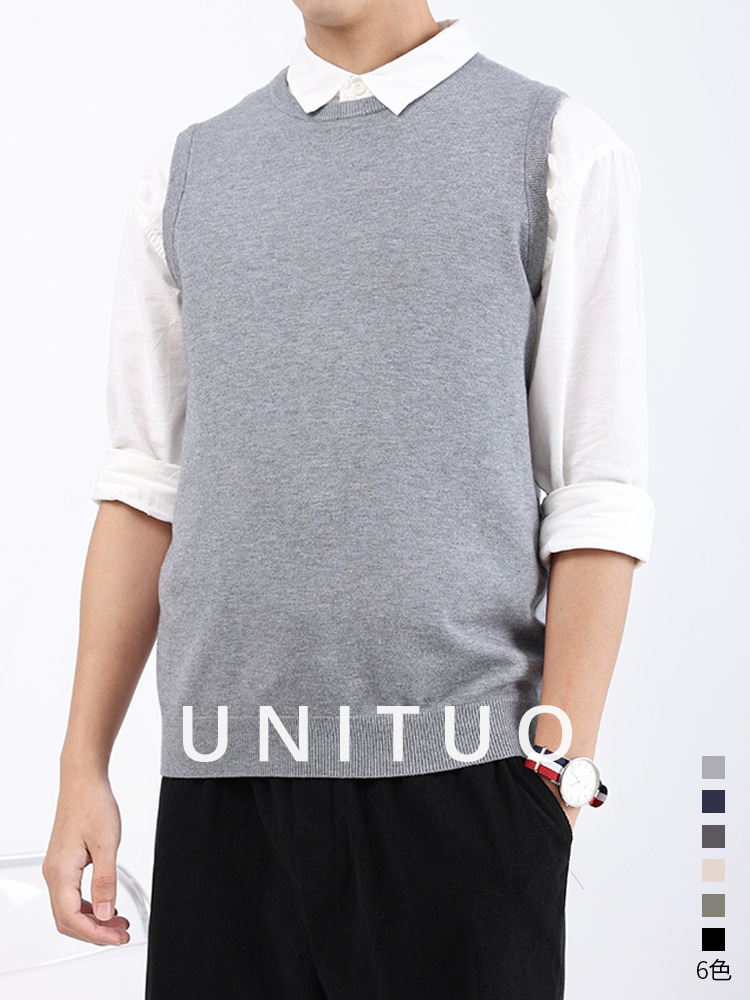 Otoño nuevo chaleco de punto de cuello redondo chaleco hombre suéter sin mangas camiseta de hombro de color sólido