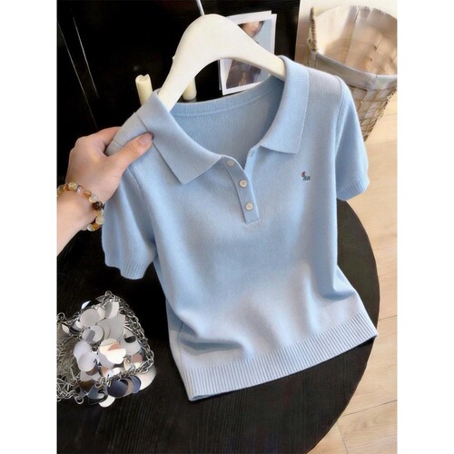 Women's casual knitted top, women's polo shirt, 2026 spring all-matching loose short-sleeved sweater