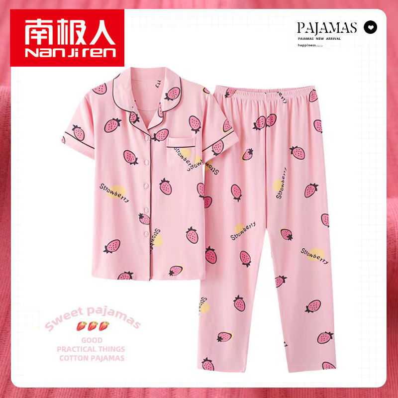 Pijamas de mujer de verano de algodón de manga corta pantalones de solapa de verano de las mujeres delgadas homewear traje